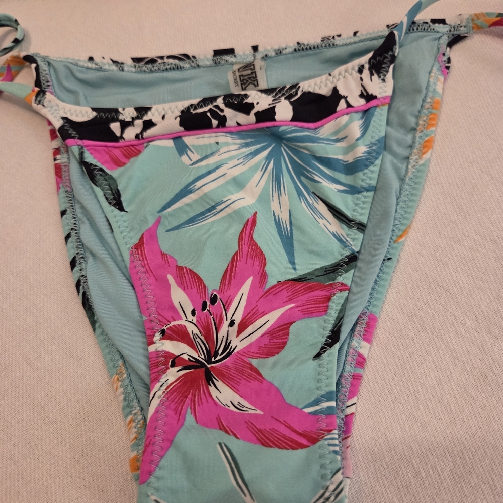 PINK | Victoria's Secret Teal Pink Floral Tropical Tassel Strappy Bikini SZ S/XS - Picture 6 of 11